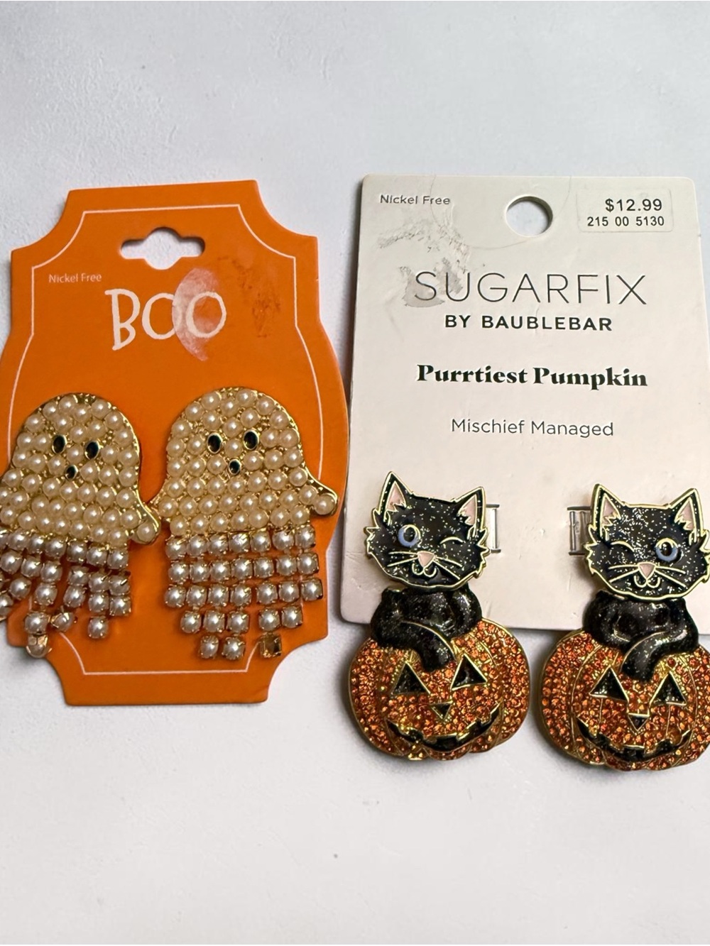 Purrtliest Pumpkin Cat & Pearl Ghost Earrings - Black, Orange, Cream